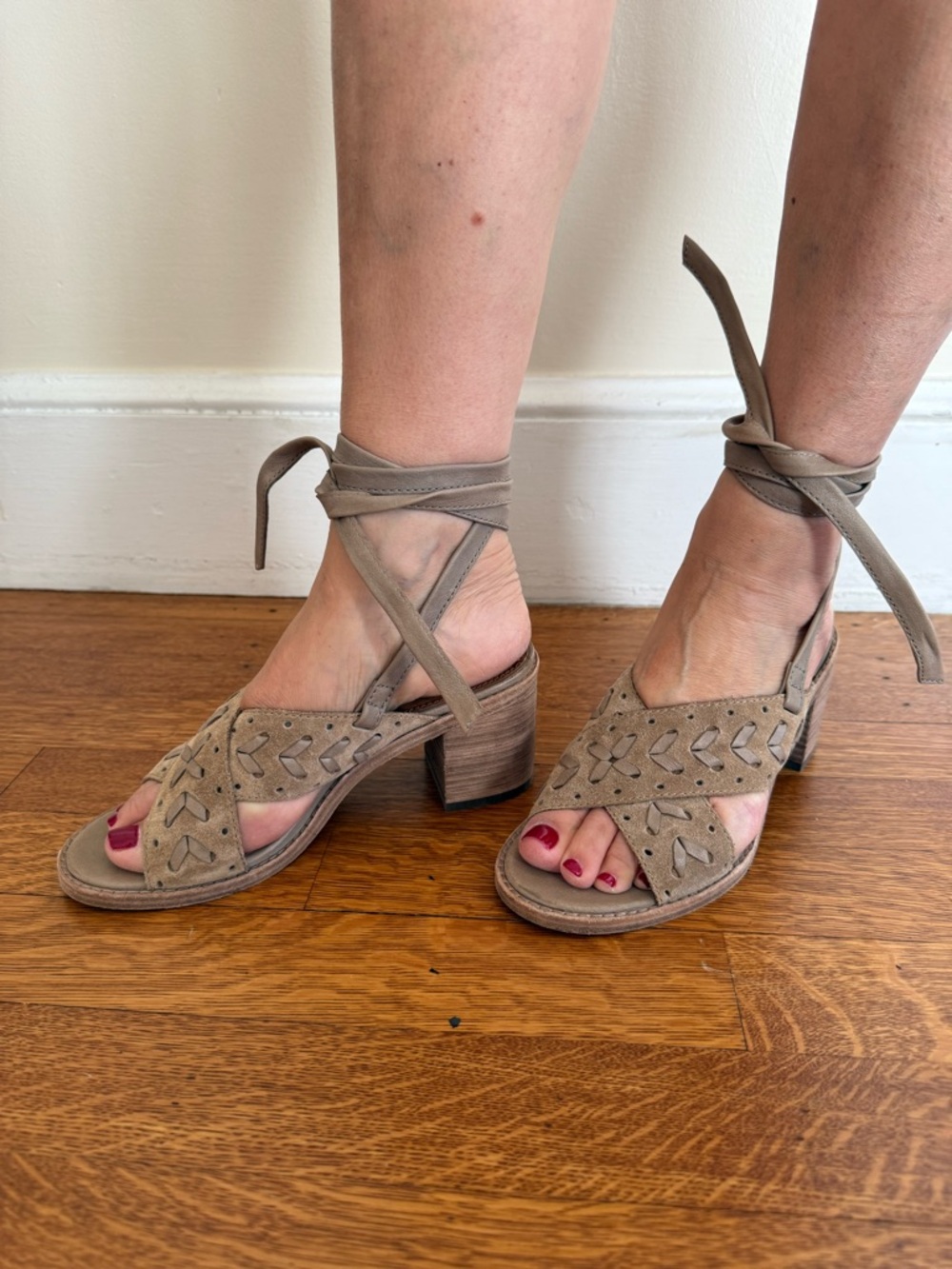 Frye Taupe Suede Ankle-Tie Block Heel Sandals